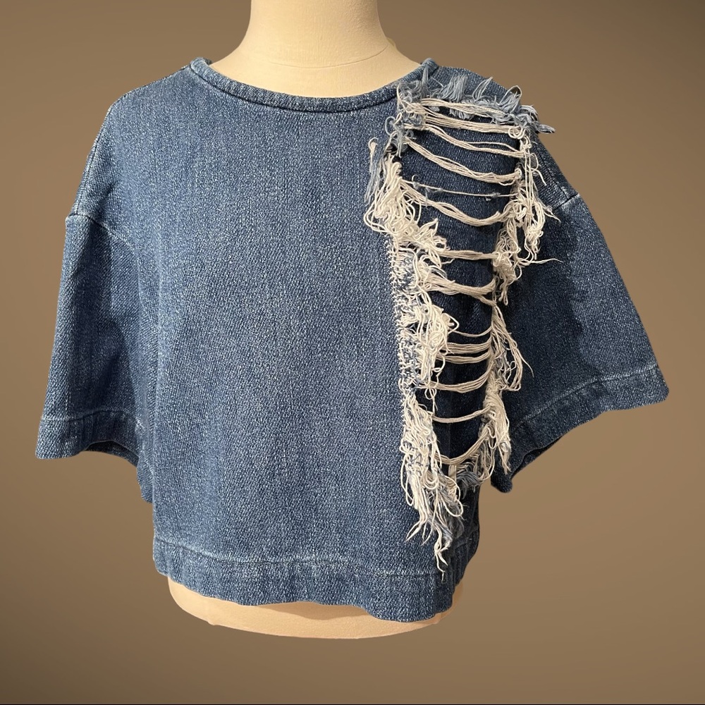 Ksenia Schnaider Denim Pull Over Top with Distressed Embellishment Size Medium